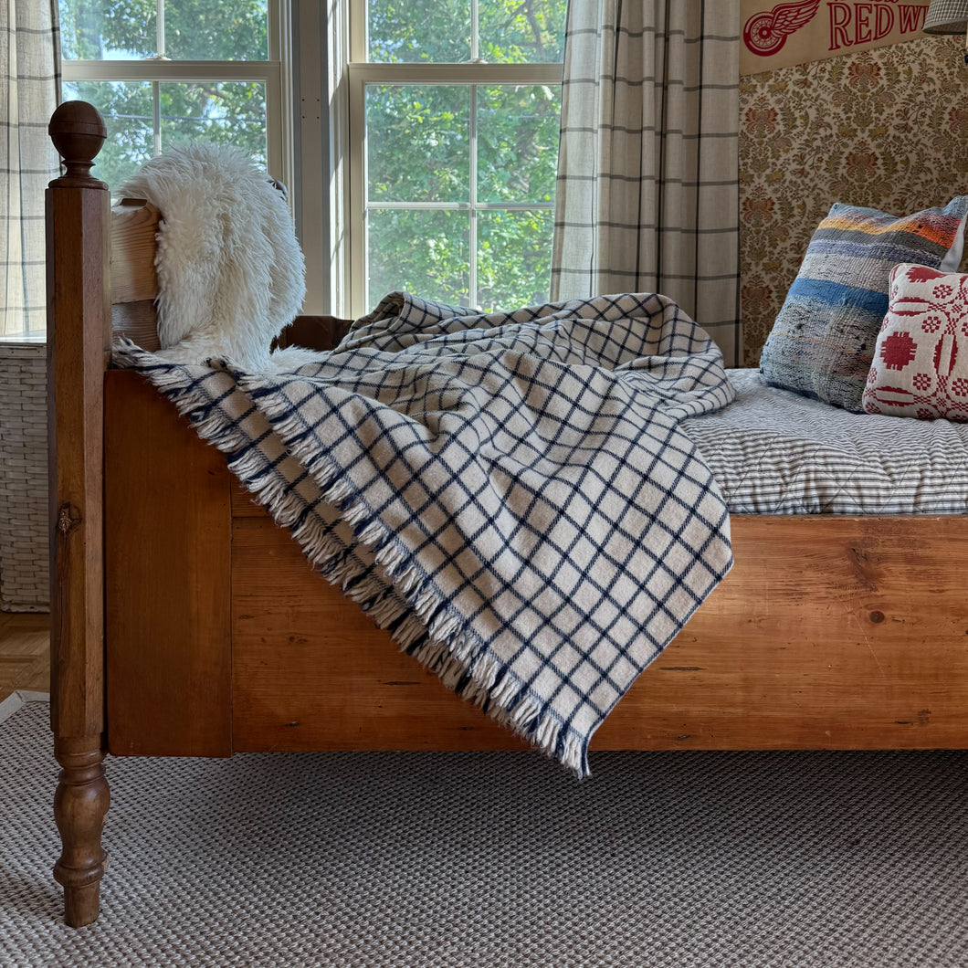 Vintage 100% Wool Cream + Navy Classic Windowpane Blanket